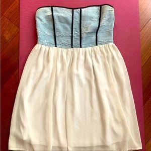 Strapless denim bustier/ polyester dress